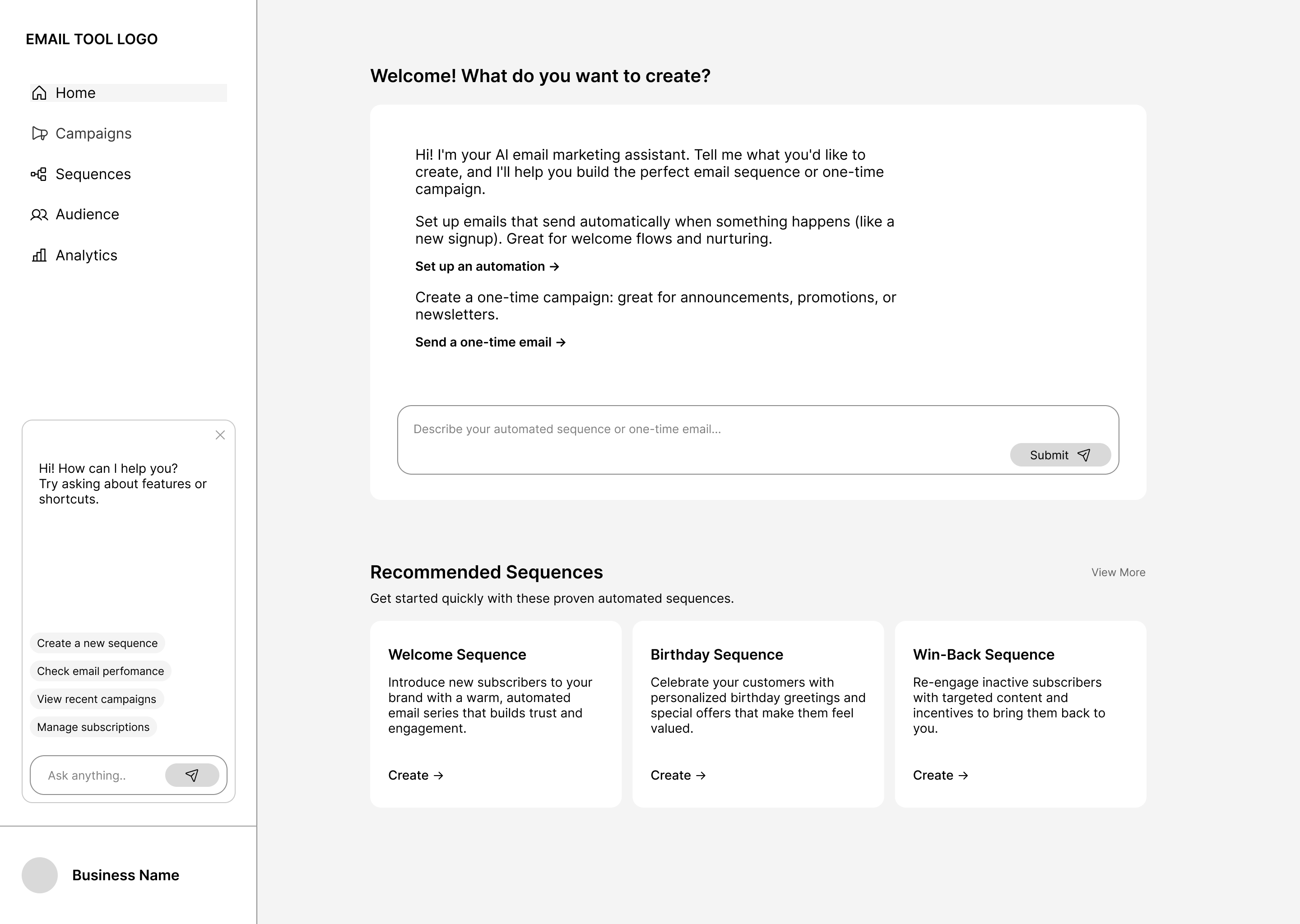 The earlier dashboard: a generic assistant prompt over a row of recommended sequences, with the navigation split into Campaigns and Sequences