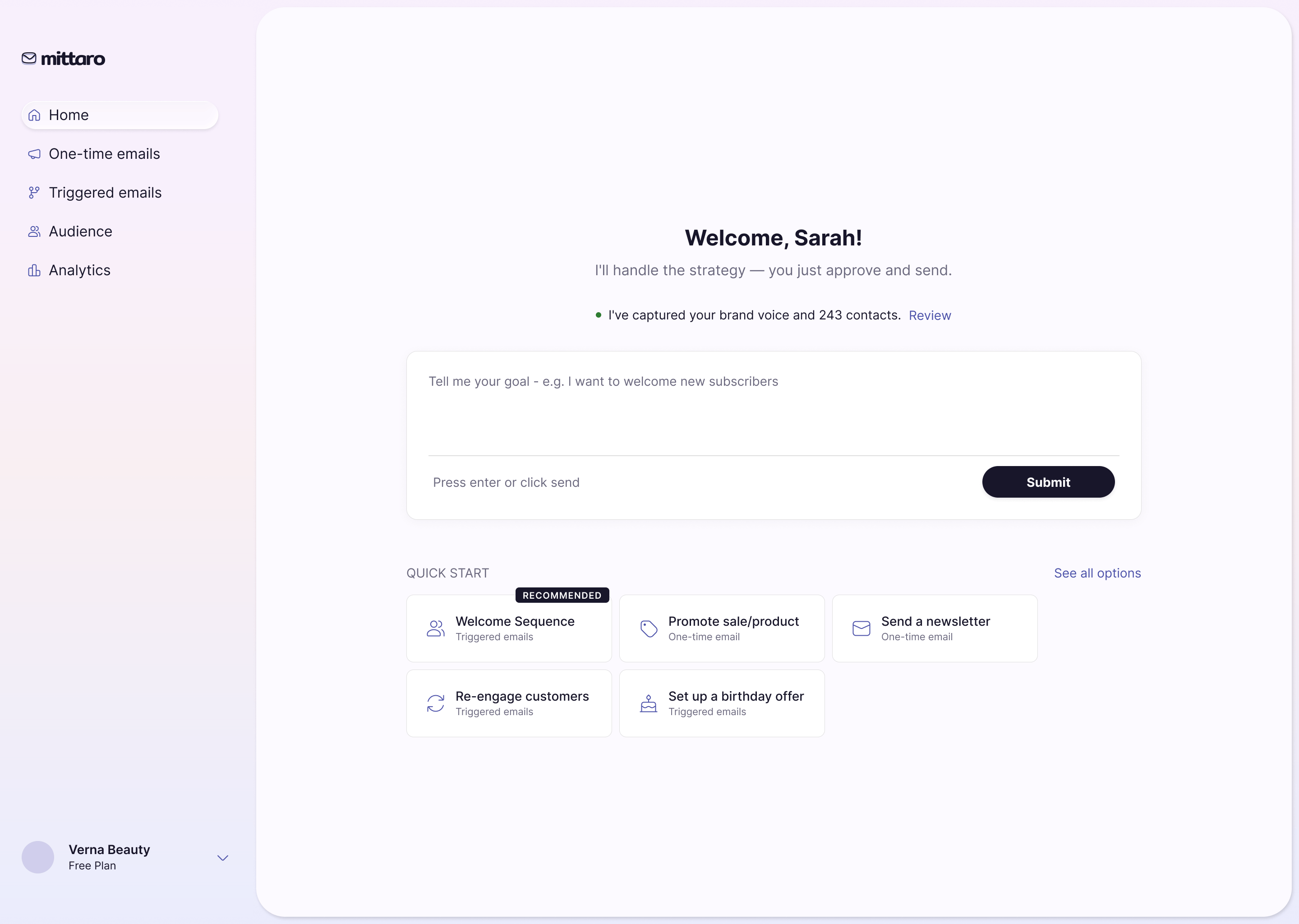 Mittaro end to end: the dashboard's recommended quick start opens a conversation, the AI answers with a three-email welcome sequence, and opening that draft lands on the sequence builder with its trigger, waits and schedule
