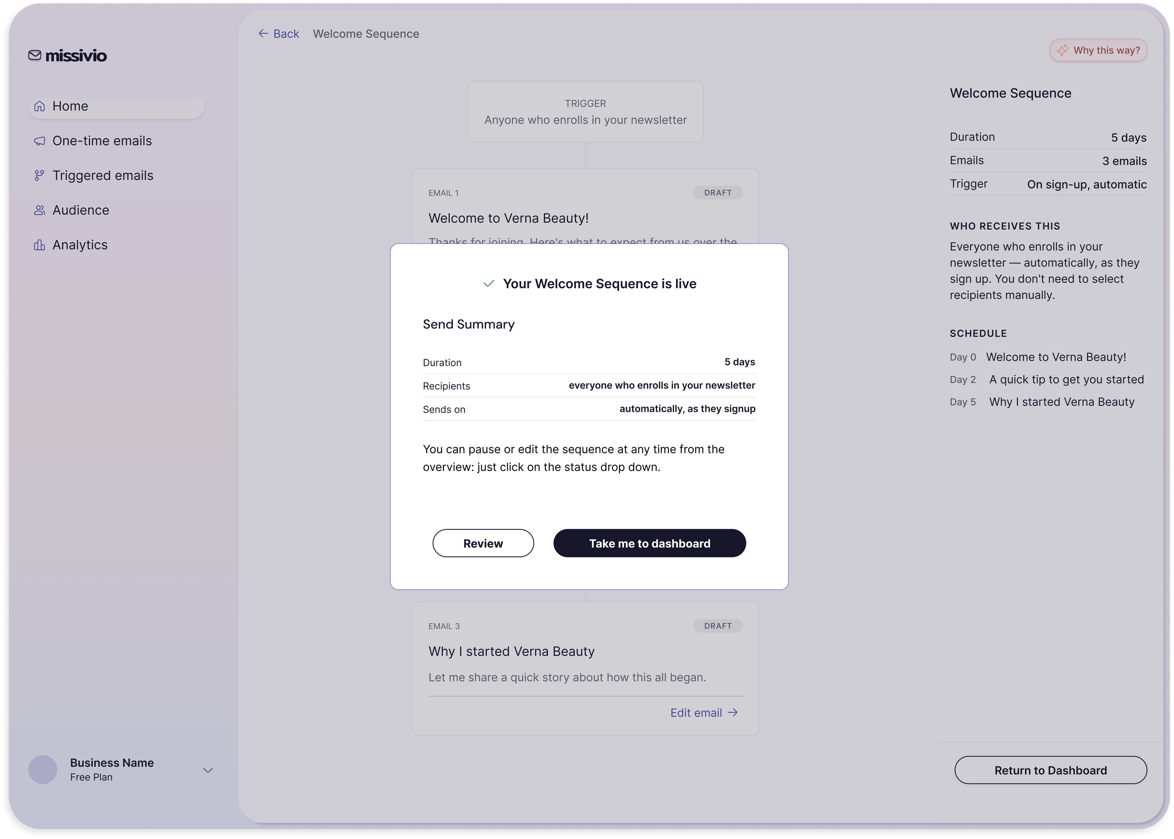 Final sequence overview with deliberate activation modal