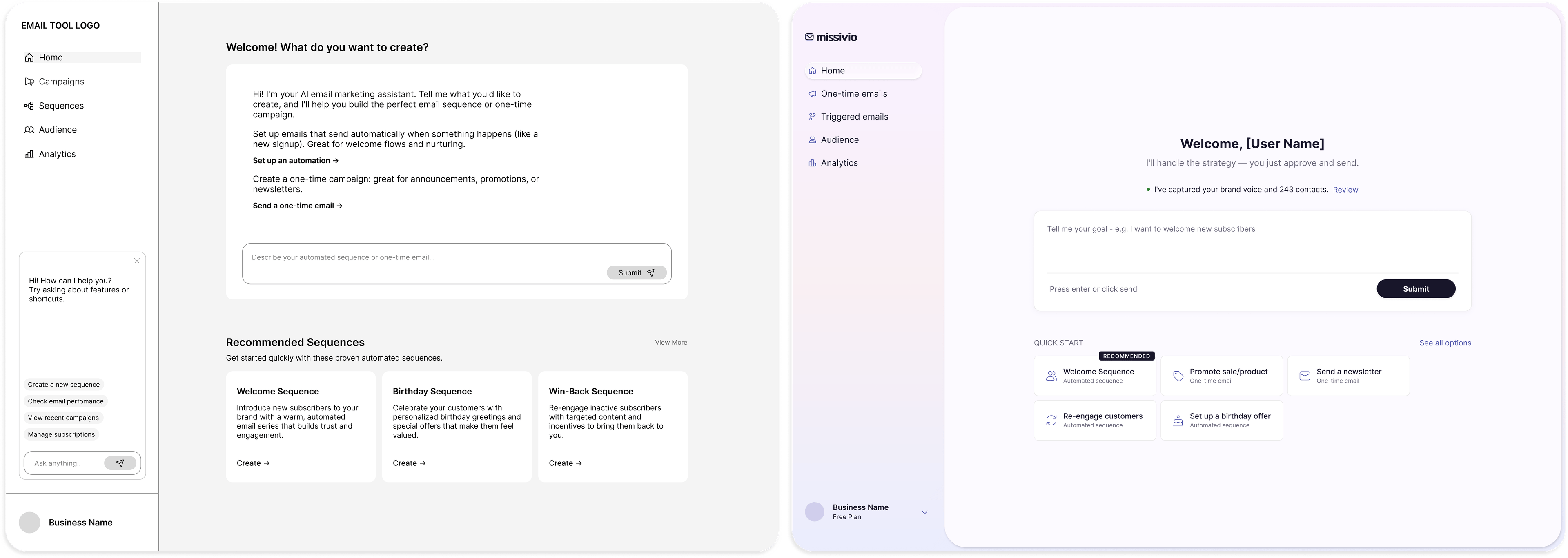 Iteration — Dashboard reframed entry as conversation (before/after)