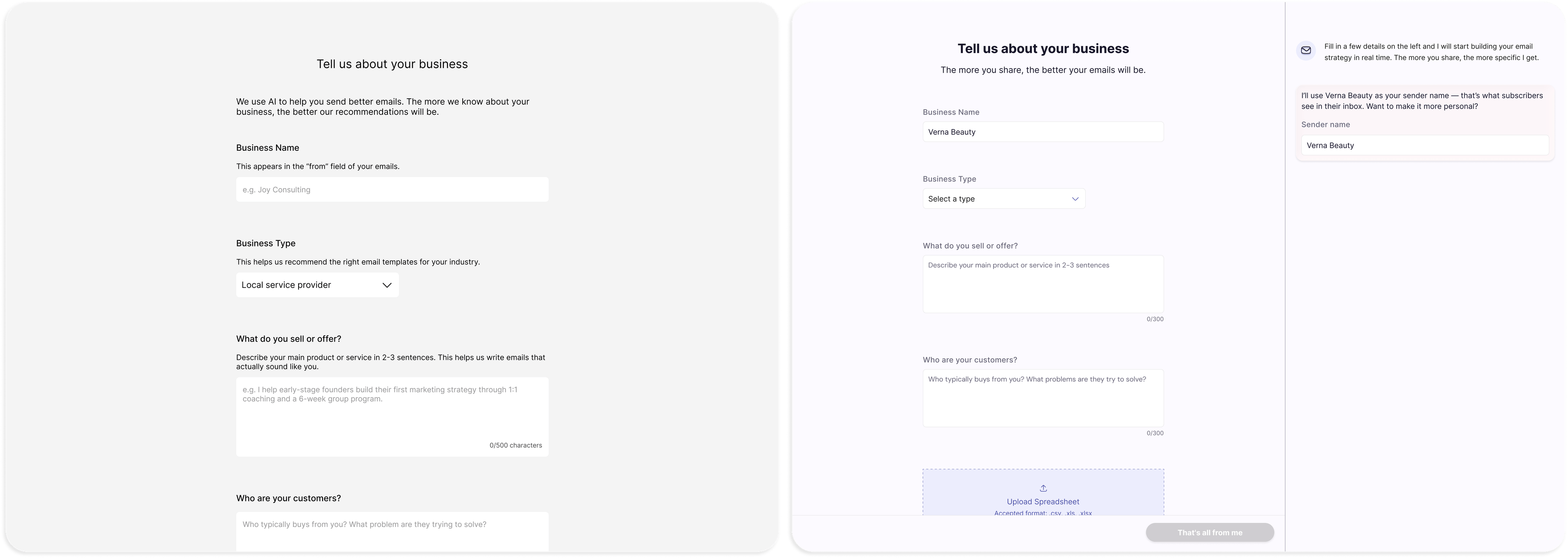 Iteration — Onboarding shifted from form to dialogue (before/after)