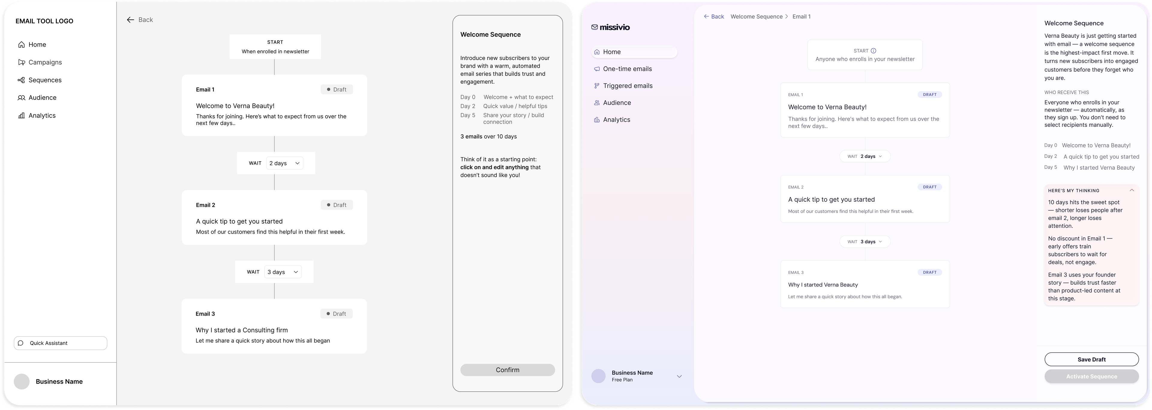 Iteration — Right panel rebuilt to stop reading as a popup (before/after)