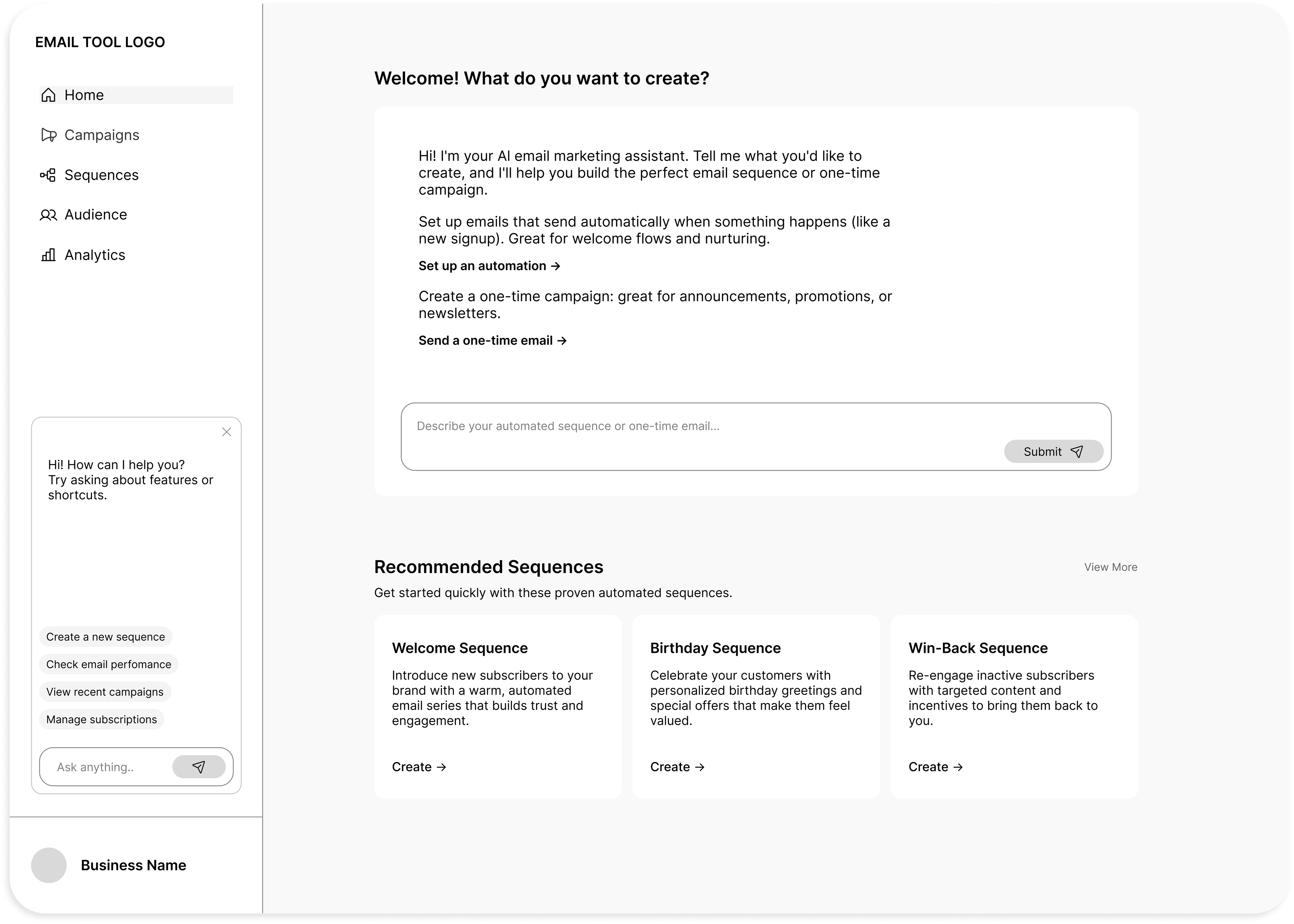 Mid-fidelity dashboard for first-time users