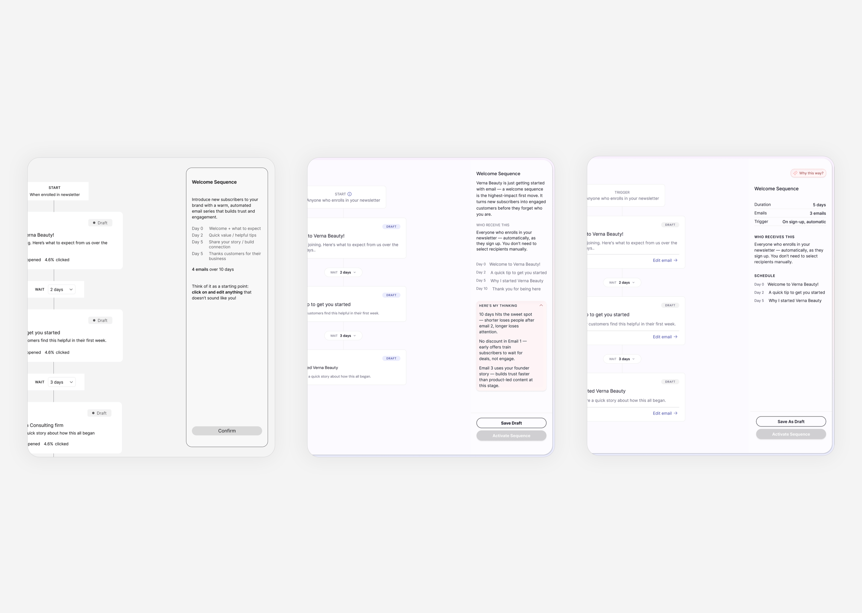 The AI rationale panel across three rounds of testing, from a dismissive strip to a dense block to layered, scannable steps