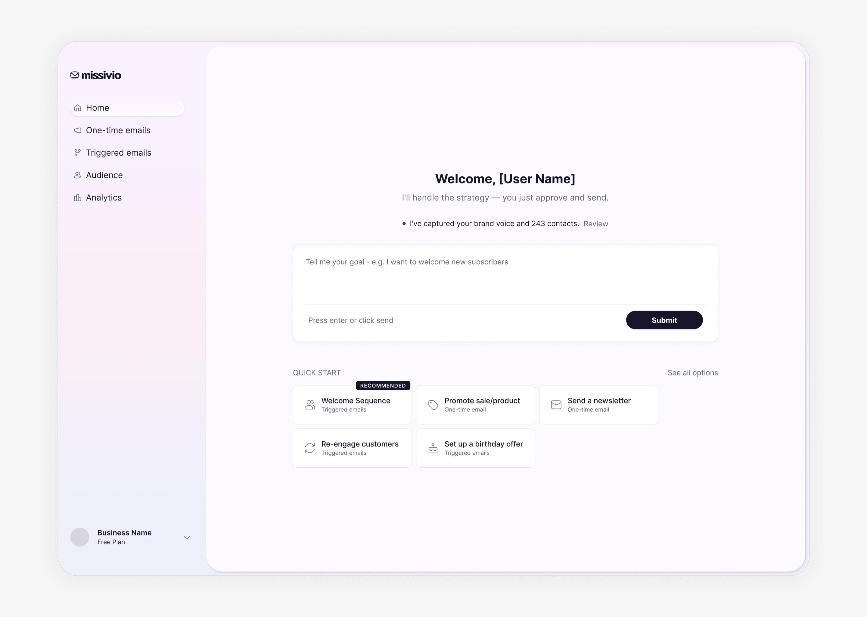 Missivio dashboard UI showing AI-led email campaign builder