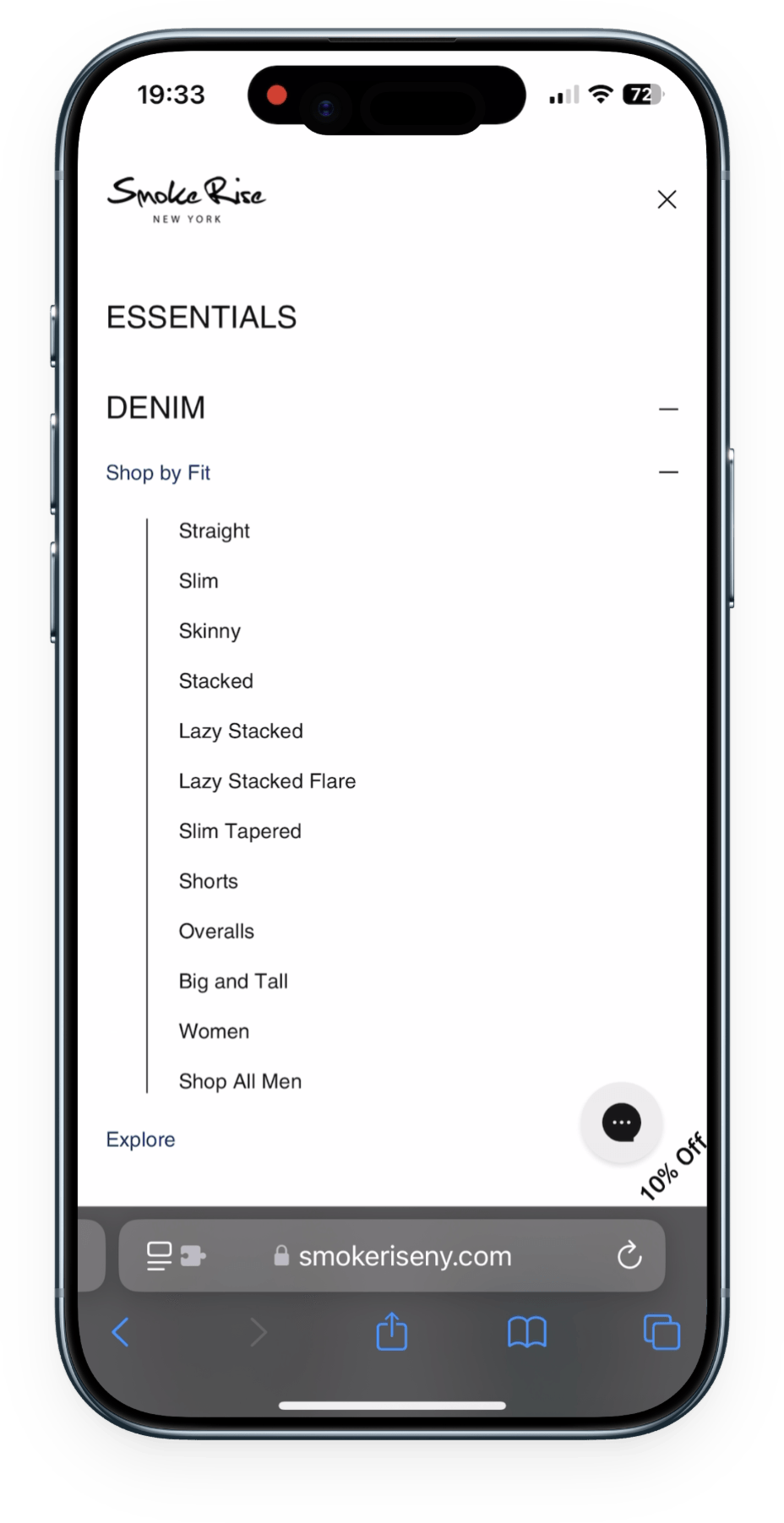 Smoke Rise mobile navigation with DENIM expanded to Shop by Fit