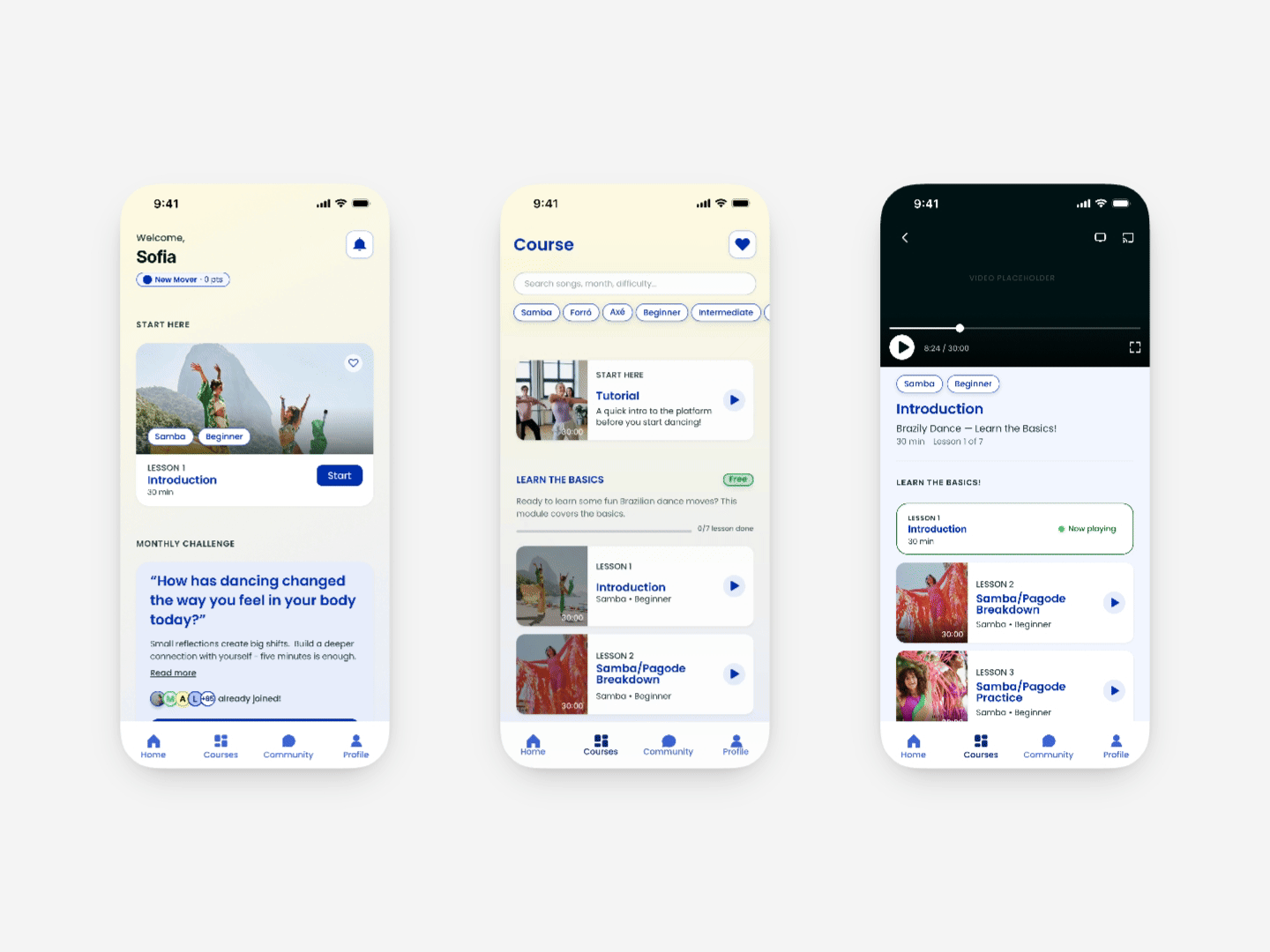 Navigation flow animation from dashboard to courses tab to video lesson