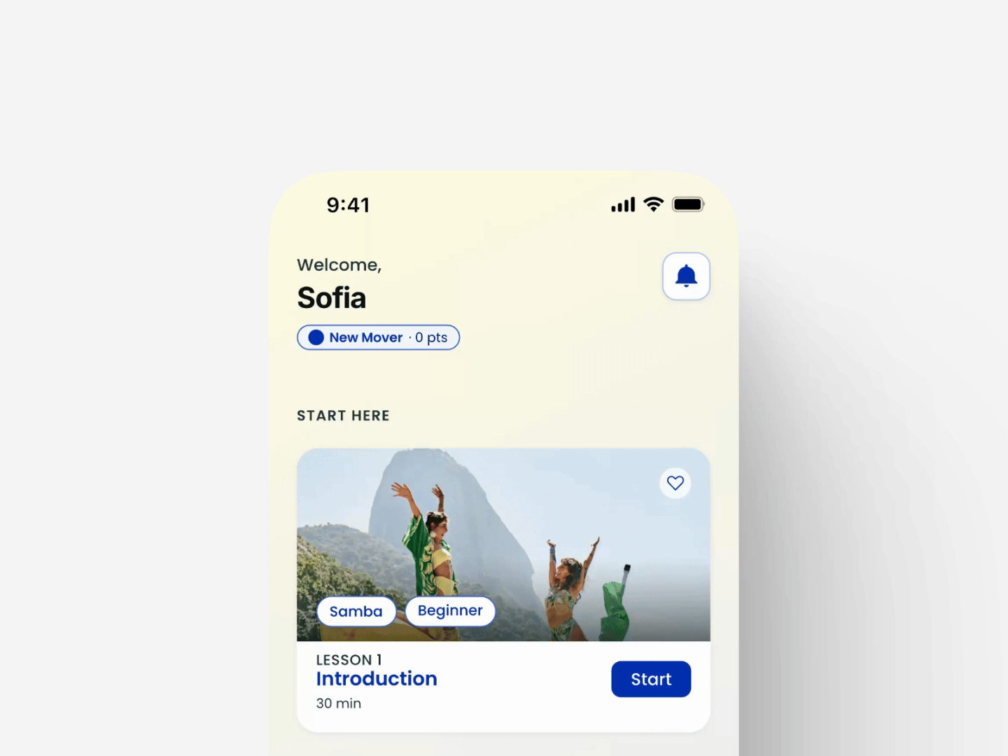 Dashboard design animation showing next lesson, community challenges, upcoming events, and freemium prompt
